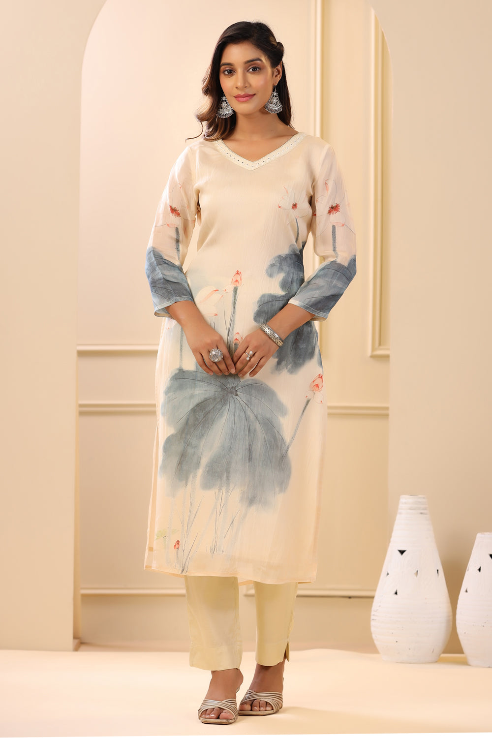Beige Color Organza Printed Suit