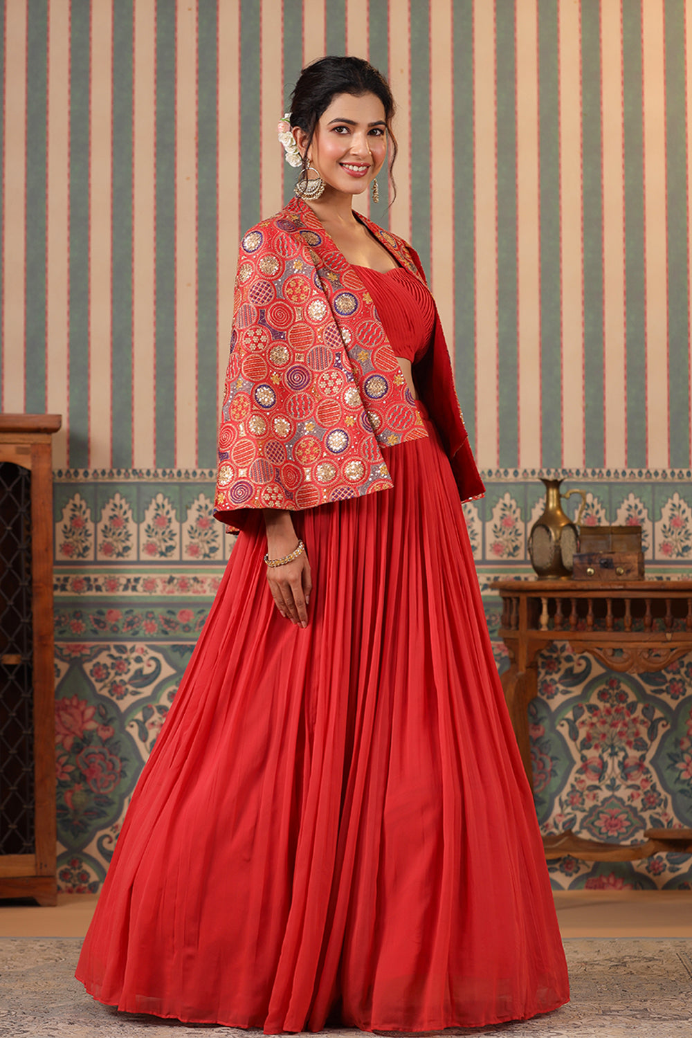 Coral Color Georgette Lehenga with Embroidered Koti