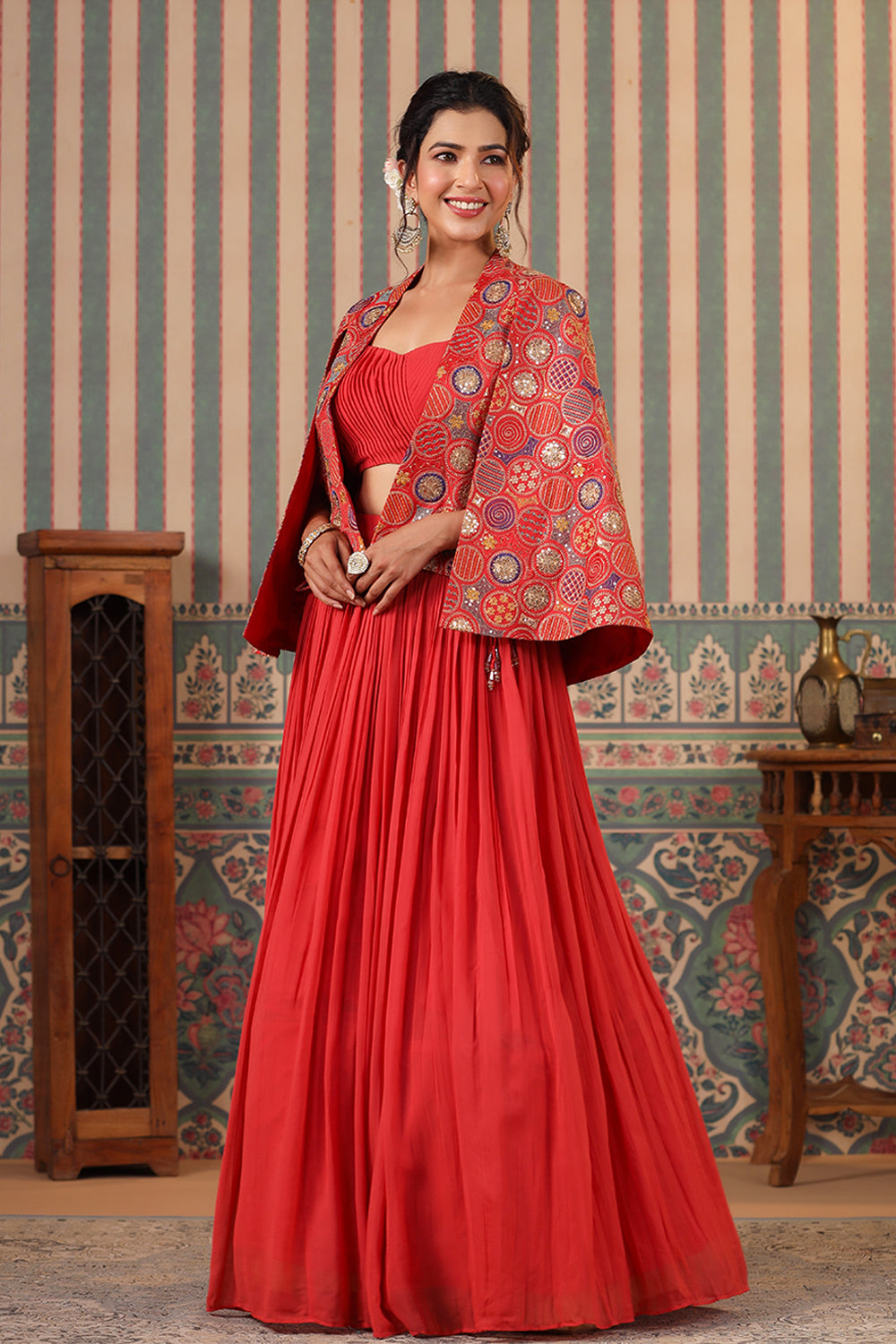 Coral Color Georgette Lehenga with Embroidered Koti