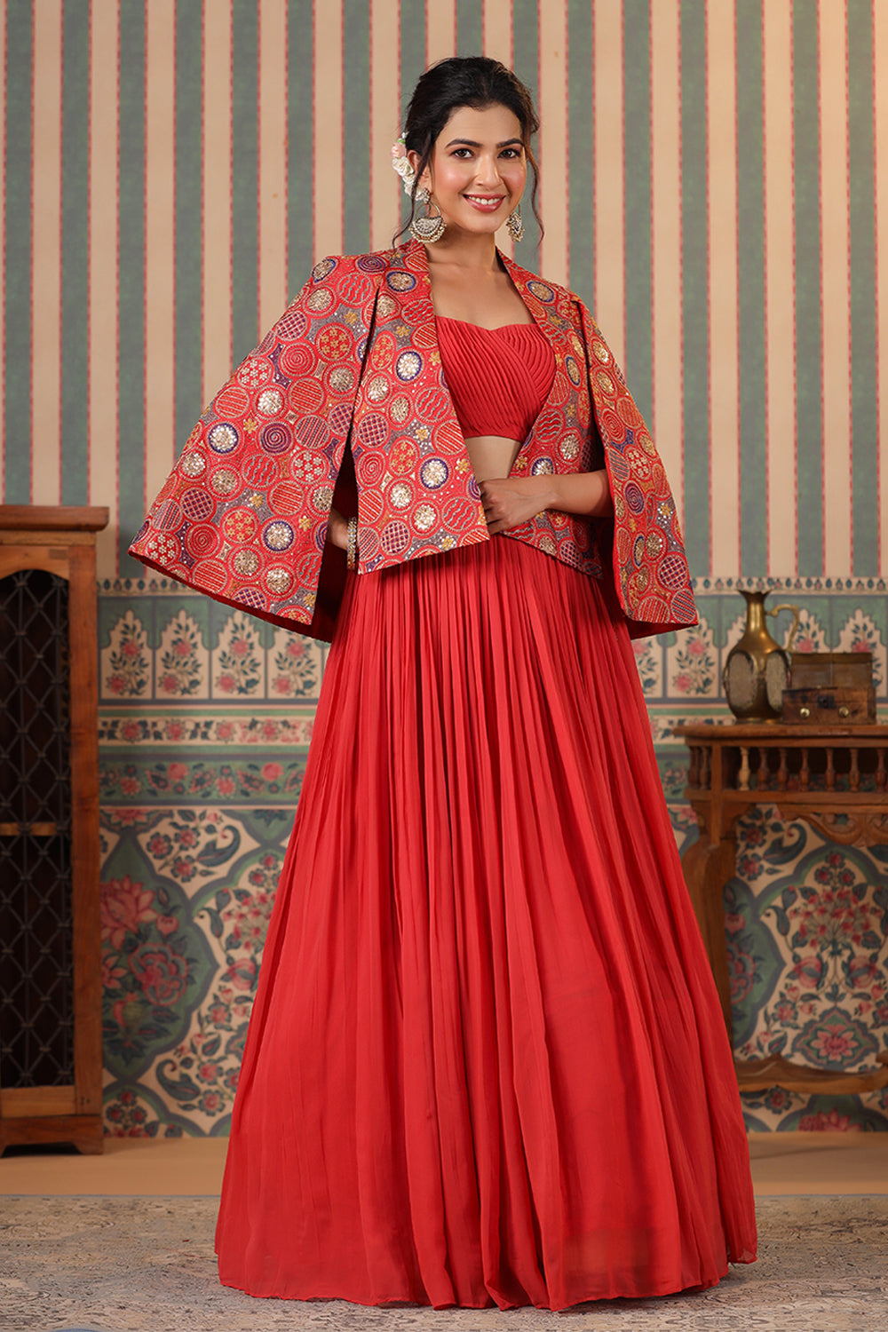 Coral Color Georgette Lehenga with Embroidered Koti