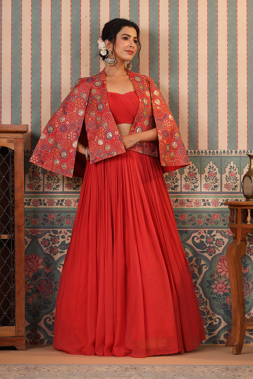 Coral Color Georgette Lehenga with Embroidered Koti