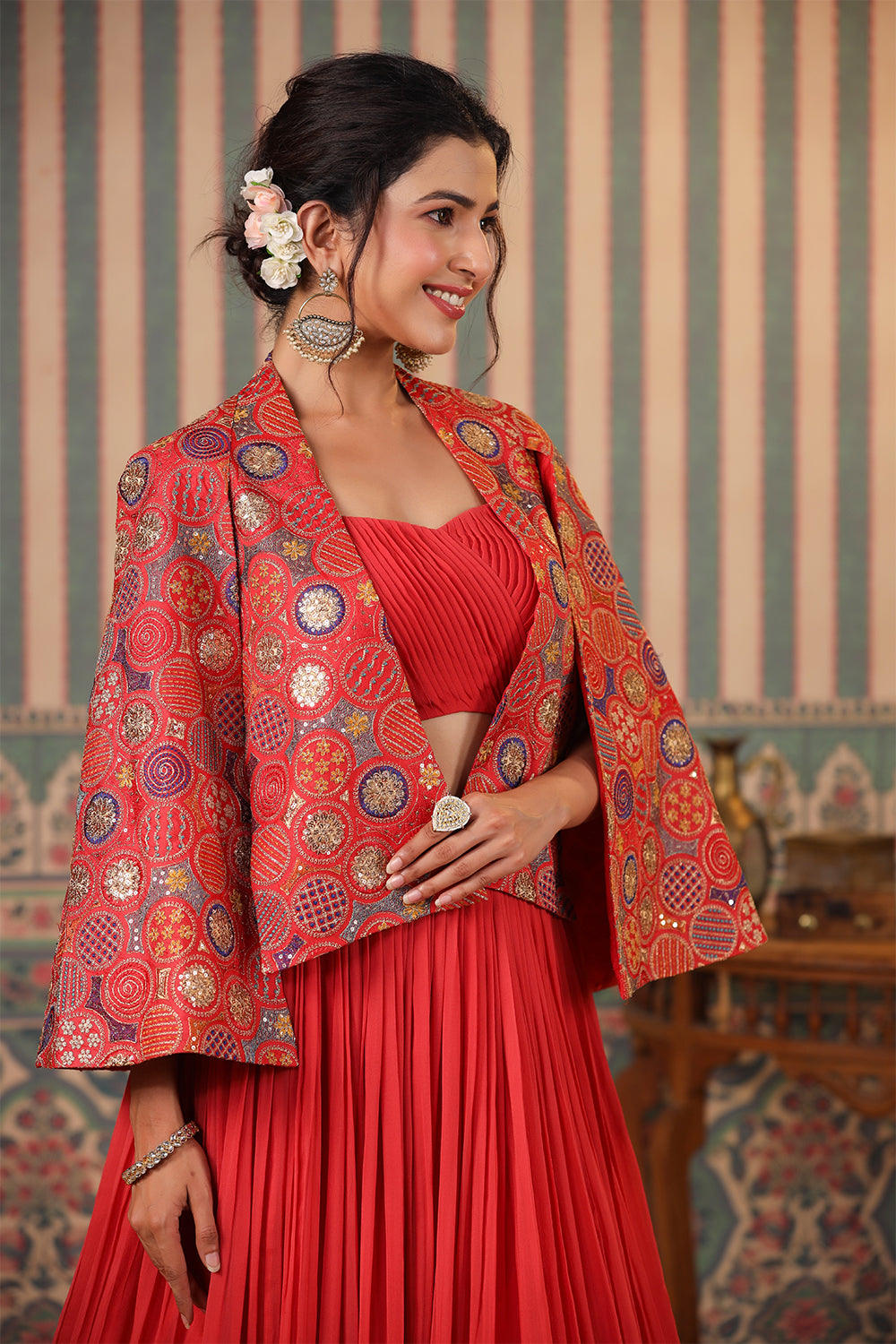 Coral Color Georgette Lehenga with Embroidered Koti