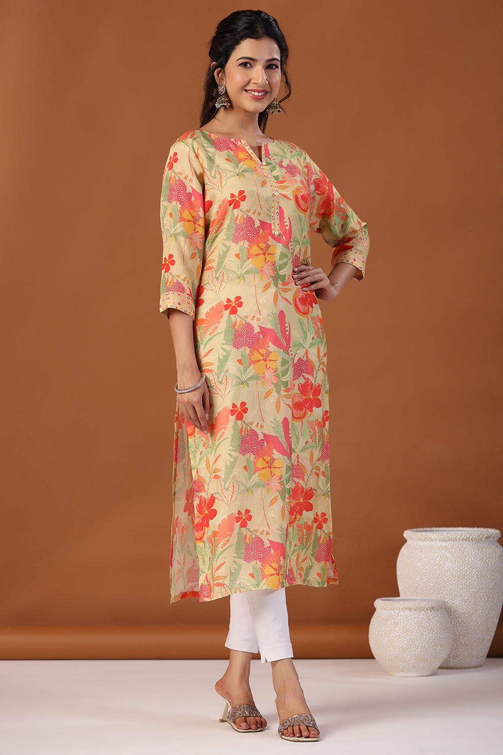 Mustard Color Muslin Printed Kurti