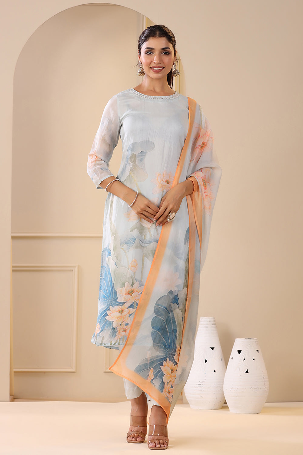 Grey Color Organza Printed Suit