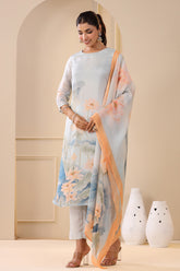Grey Color Organza Printed Suit