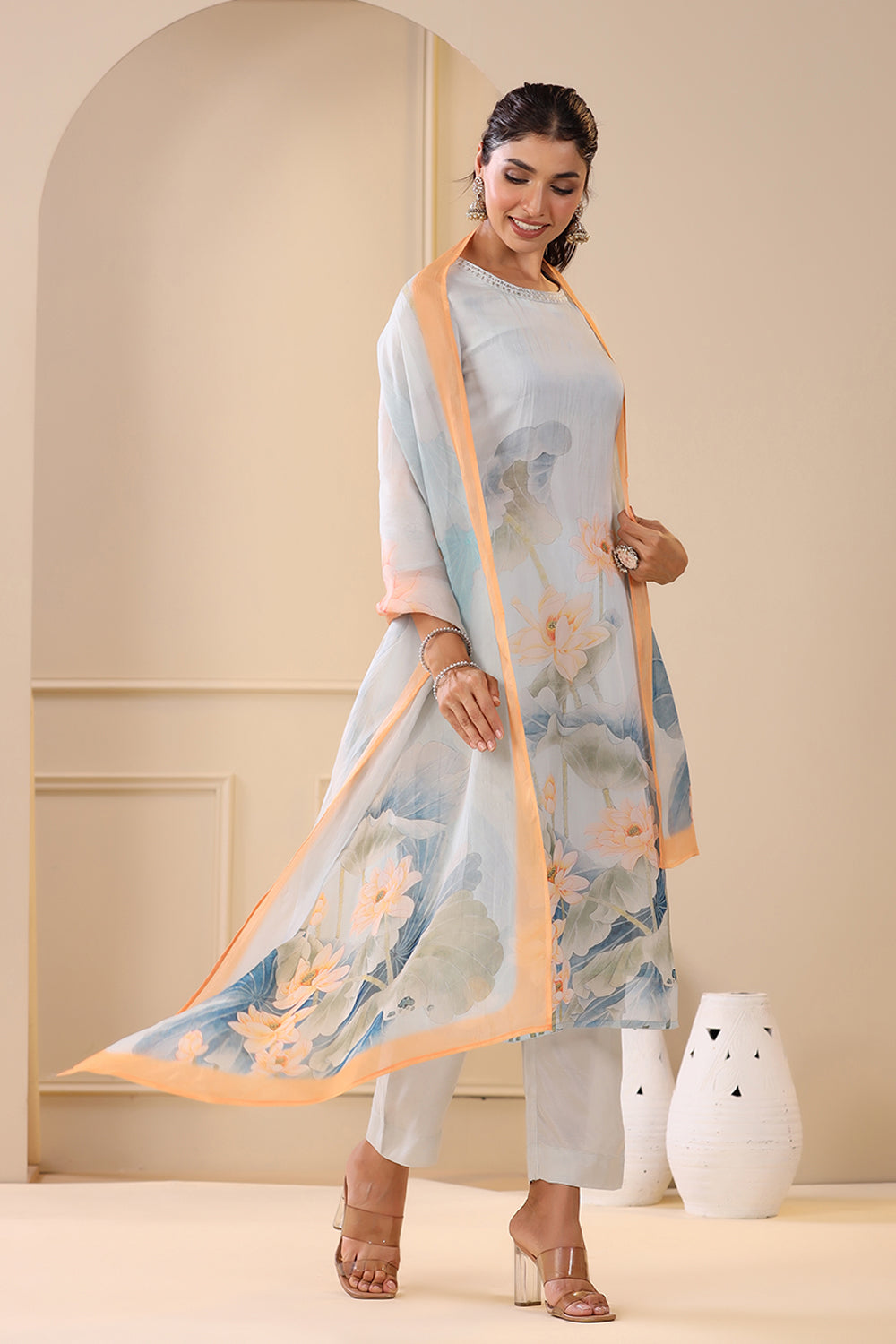 Grey Color Organza Printed Suit