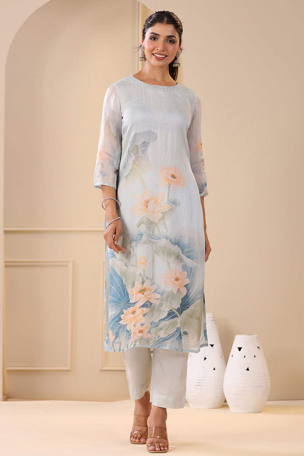 Grey Color Organza Printed Suit