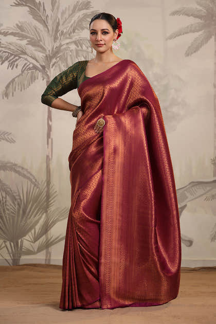 Dark Scarlet Color Woven Silk Saree