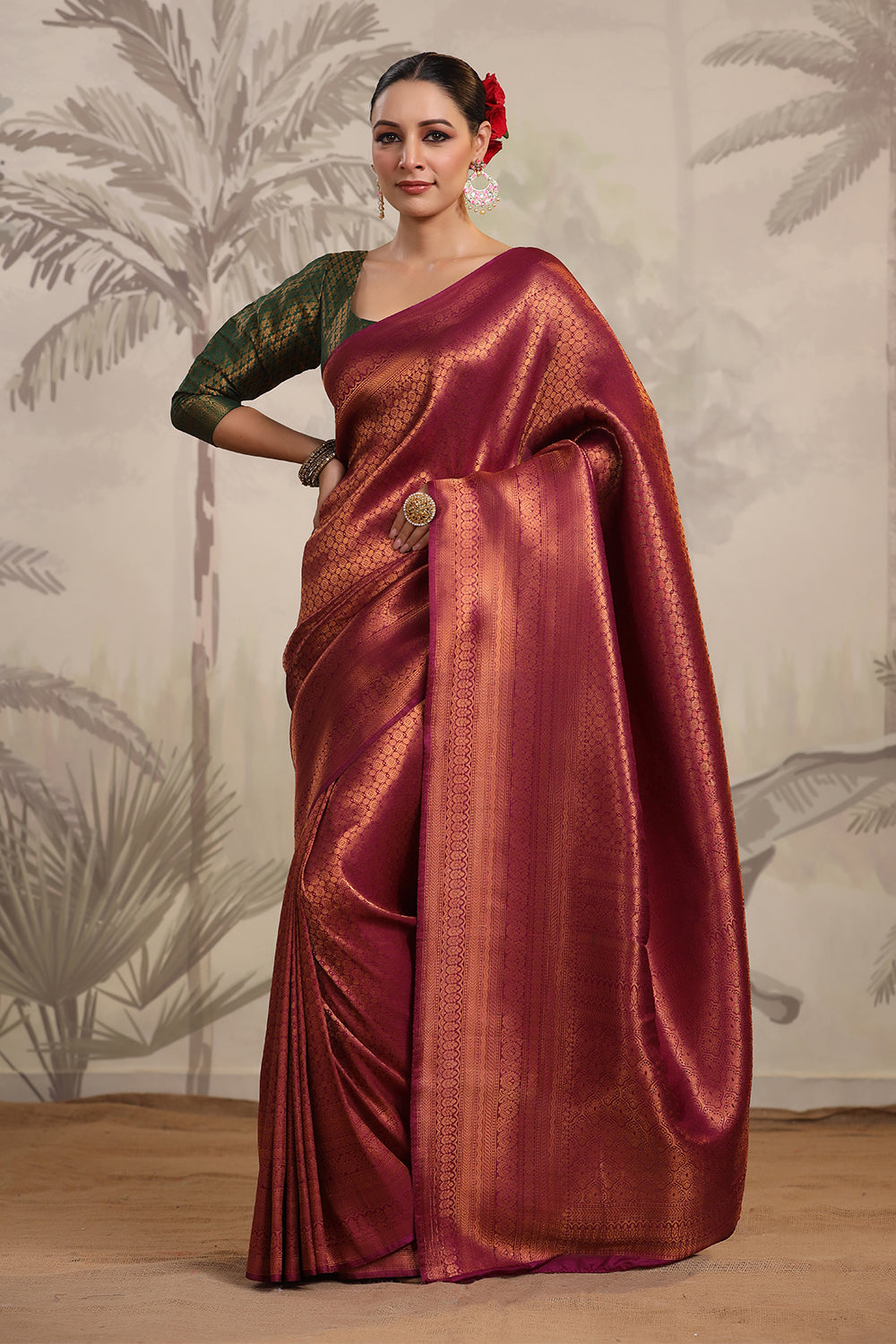 Dark Scarlet Color Woven Silk Saree