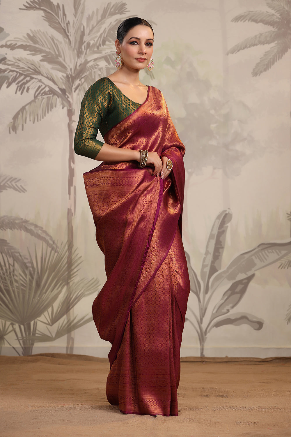 Dark Scarlet Color Woven Silk Saree