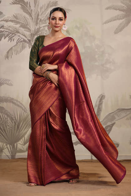 Dark Scarlet Color Woven Silk Saree