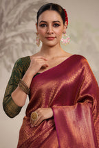 Dark Scarlet Color Woven Silk Saree