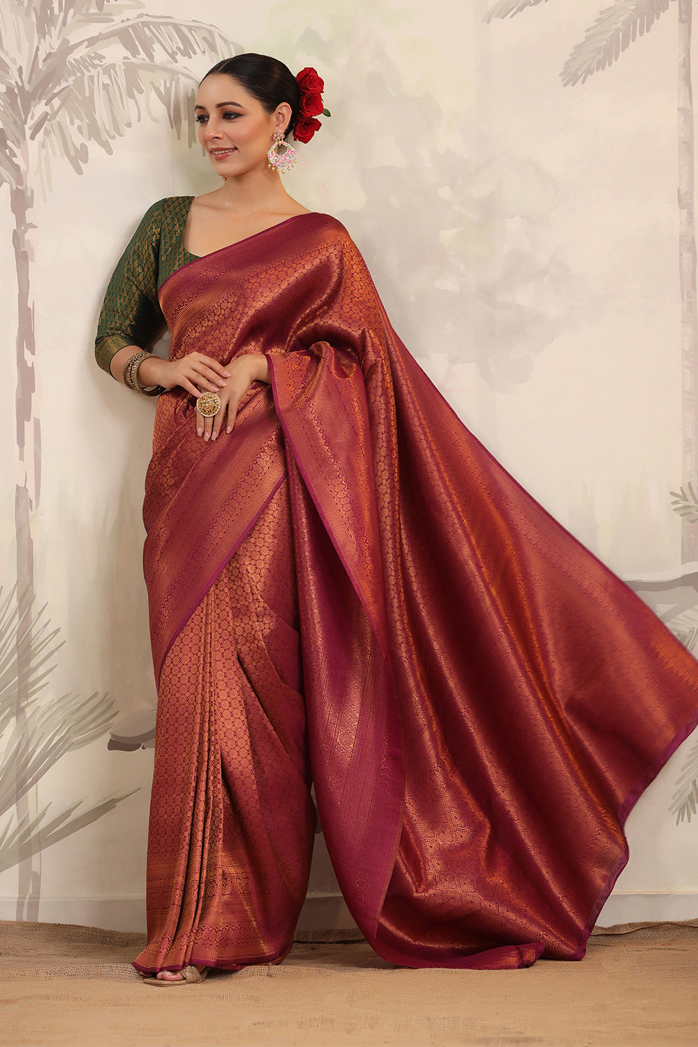 Dark Scarlet Color Woven Silk Saree