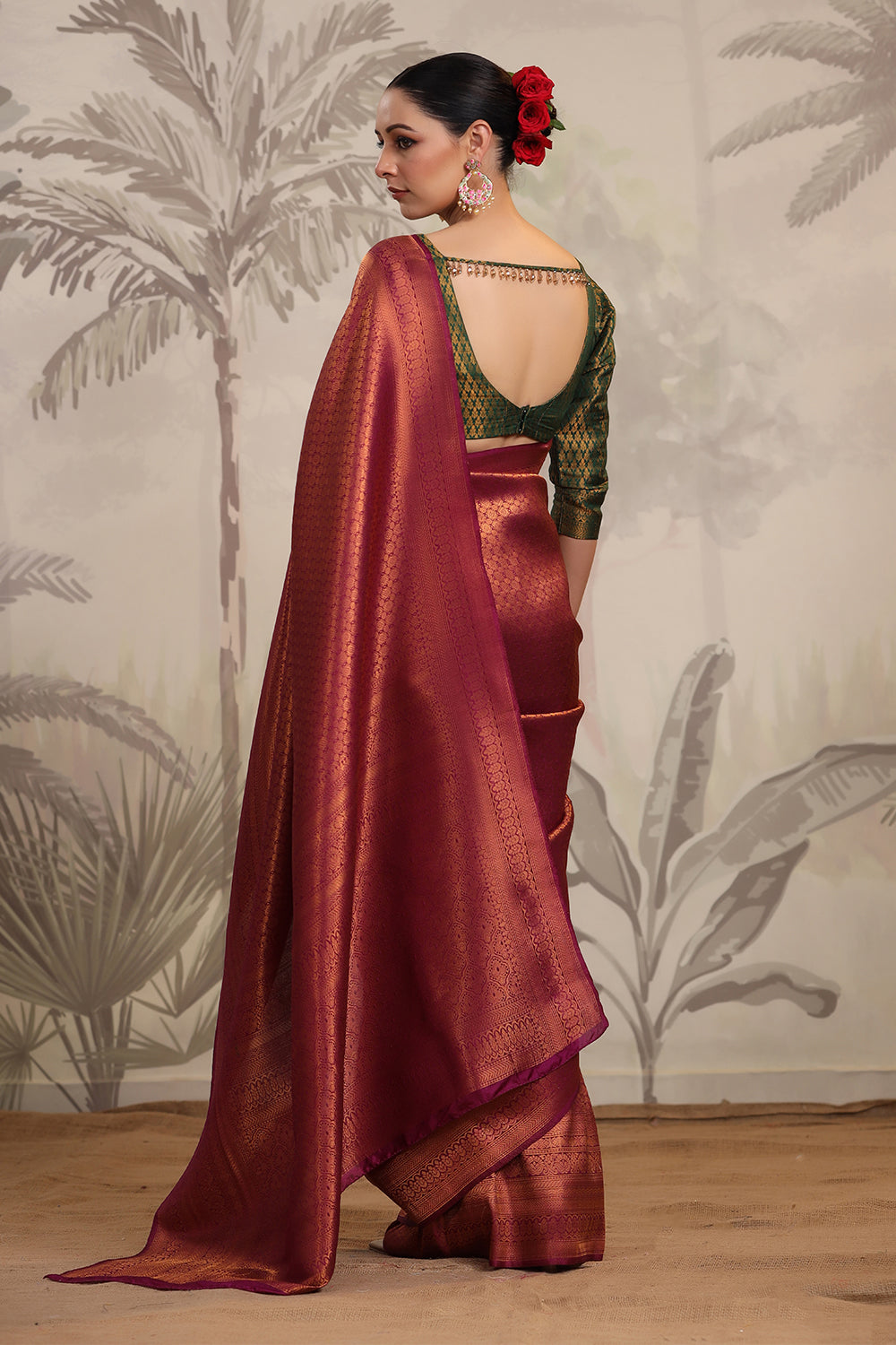 Dark Scarlet Color Woven Silk Saree