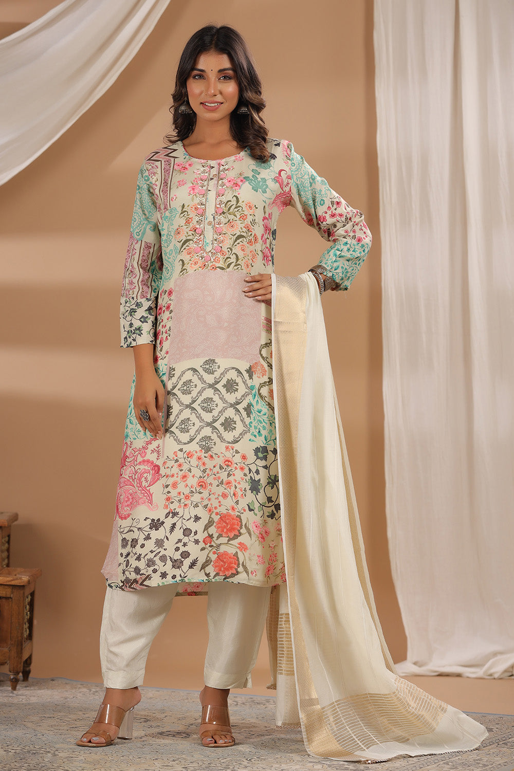 Cream Color Muslin Printed Straight Suit