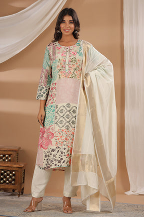 Cream Color Muslin Printed Straight Suit