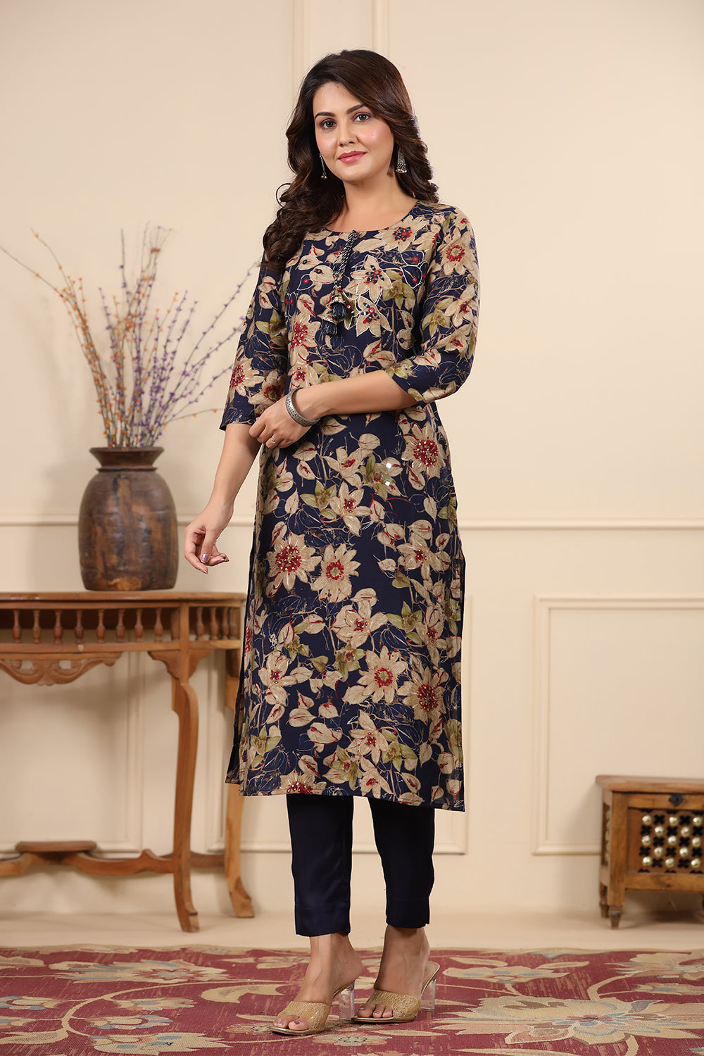 Navy Blue Color Printed Muslin Kurta Set