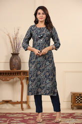 Navy Color Printed Muslin Kurta Set