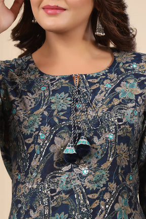 Navy Color Printed Muslin Kurta Set