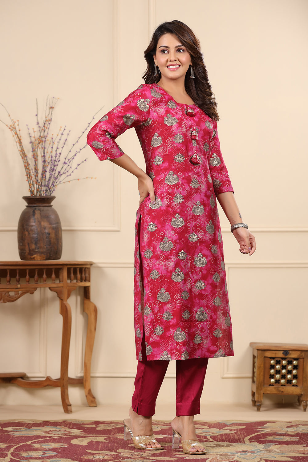Fuchsia Color Printed Muslin Kurta Set