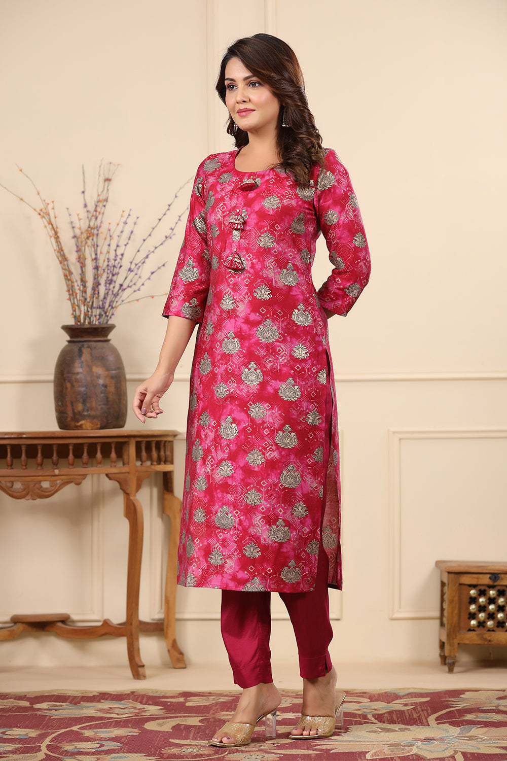 Fuchsia Color Printed Muslin Kurta Set
