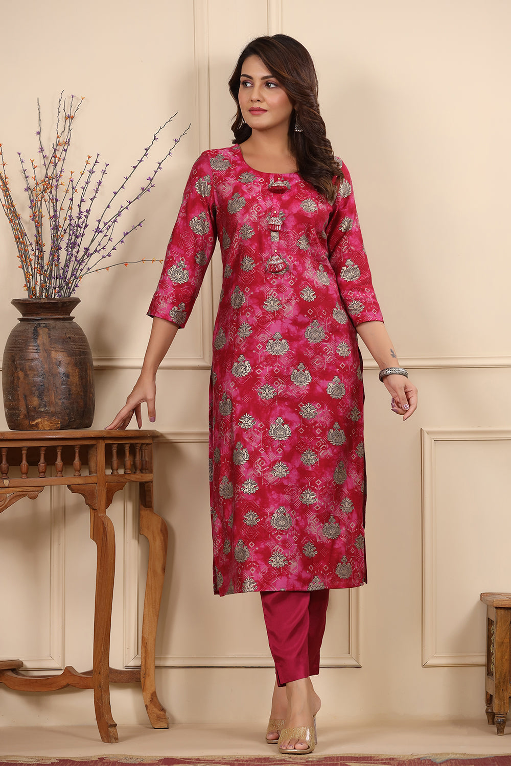 Fuchsia Color Printed Muslin Kurta Set