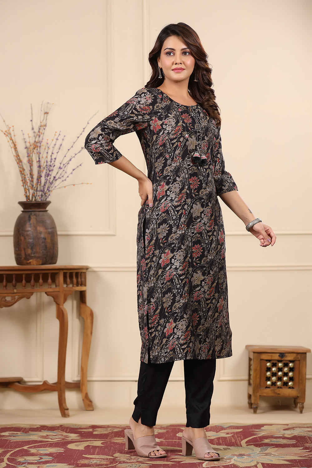 Black Color Printed Muslin Kurta Set