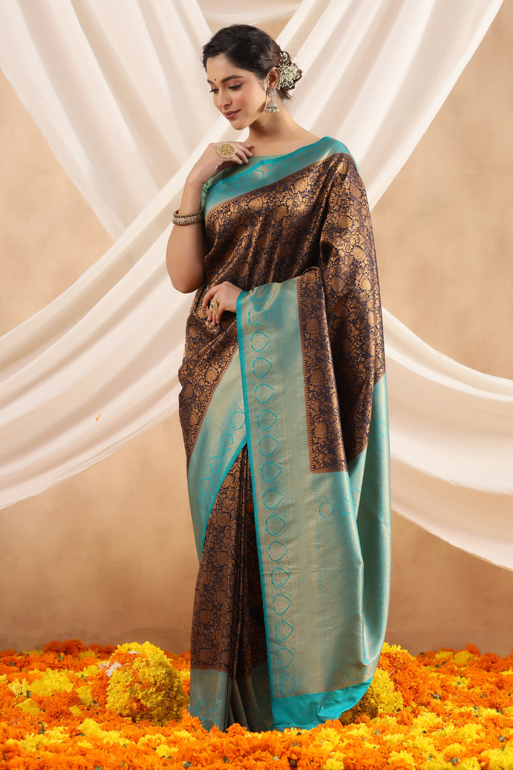 Navy Blue Color Woven Silk Saree