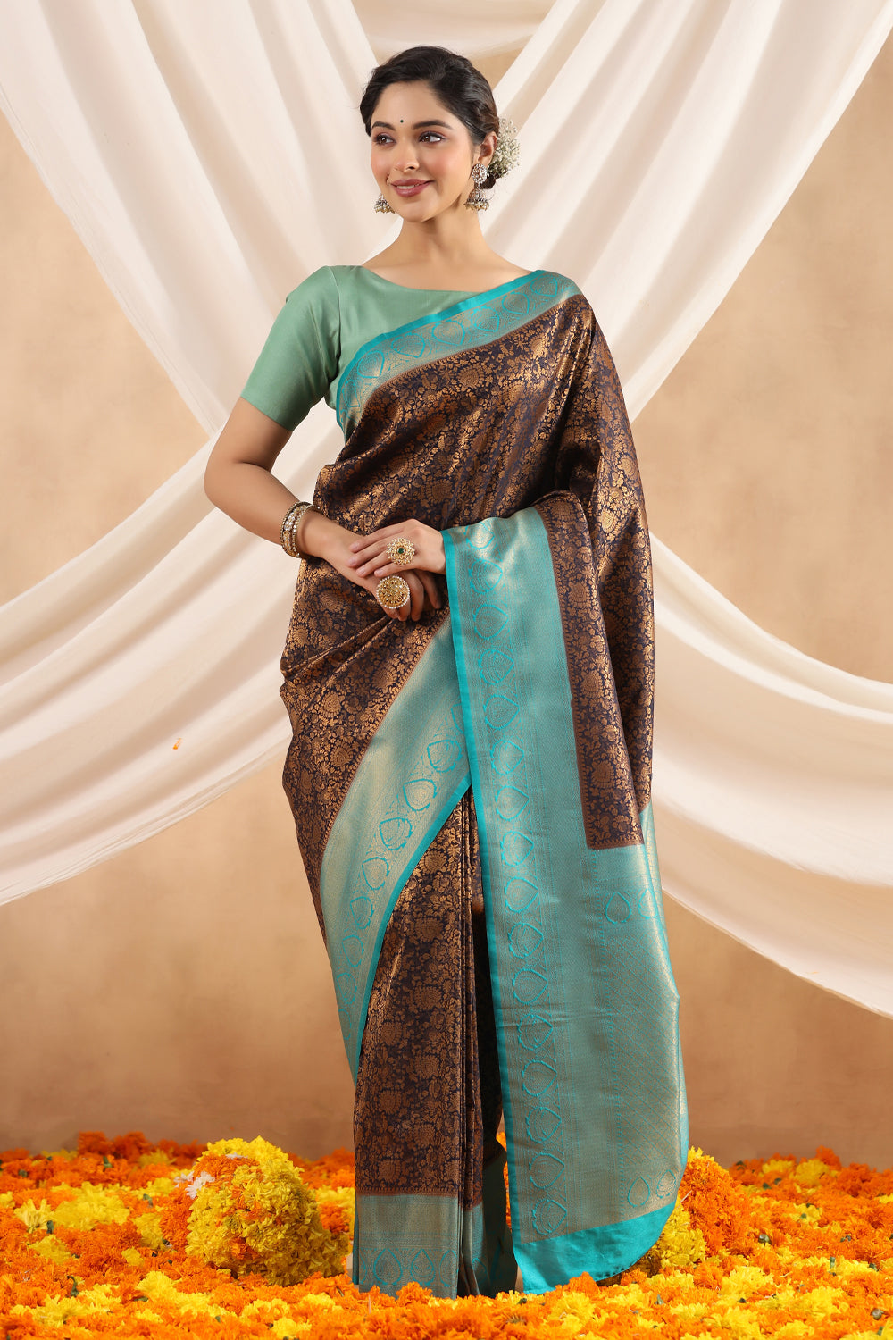 Navy Blue Color Woven Silk Saree