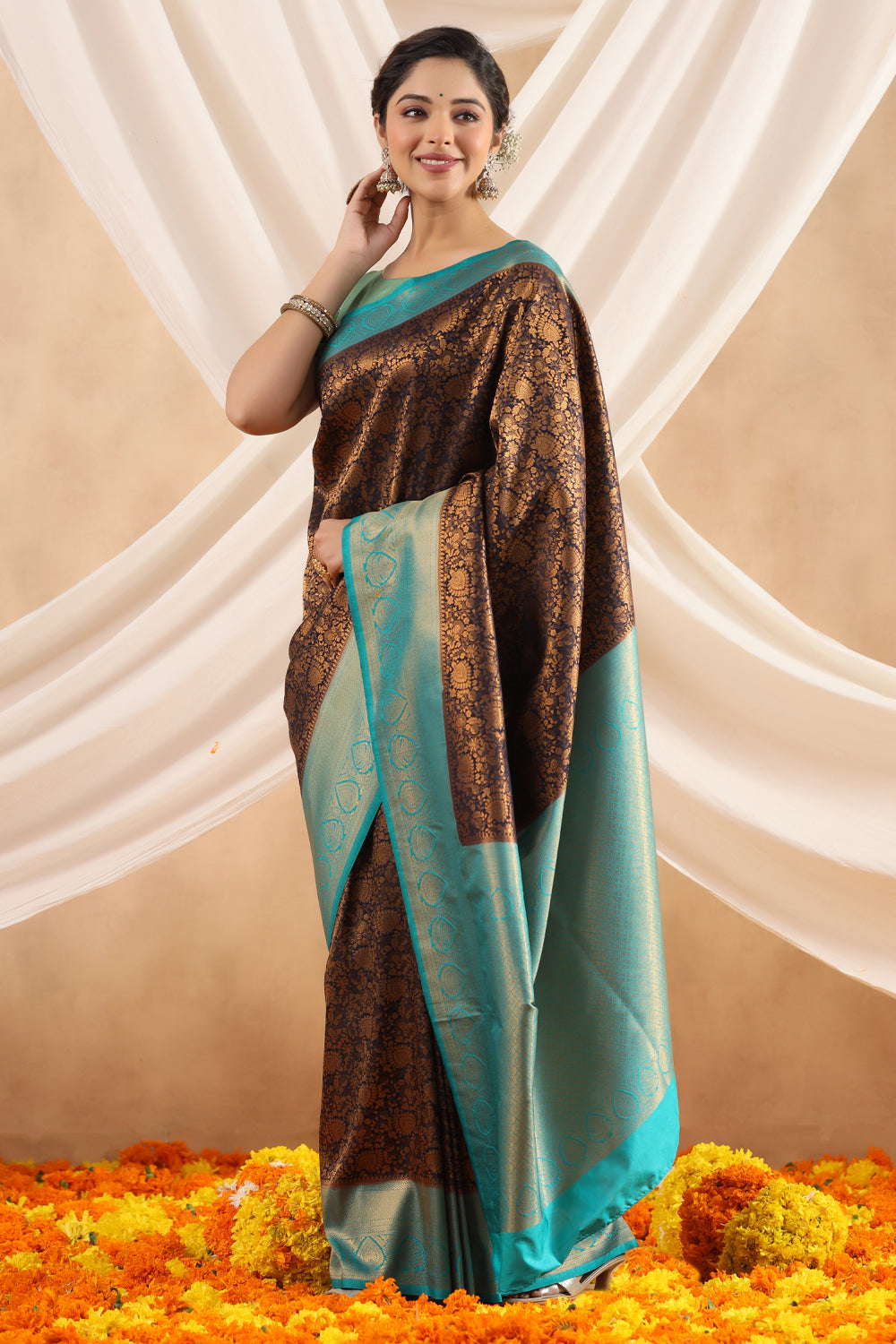 Navy Blue Color Woven Silk Saree