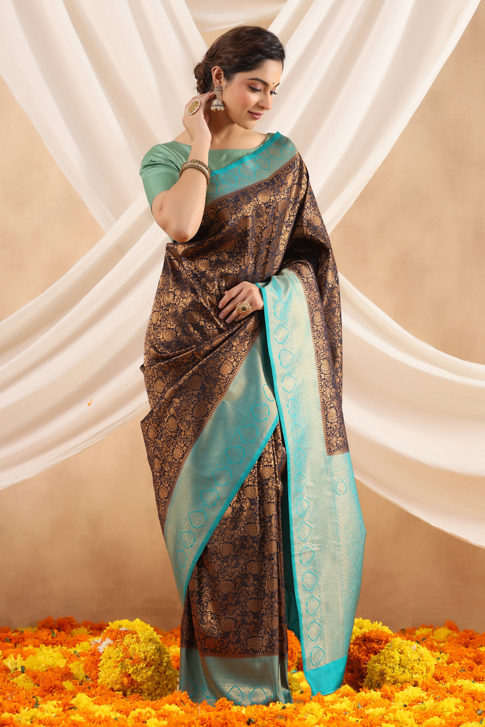 Navy Blue Color Woven Silk Saree