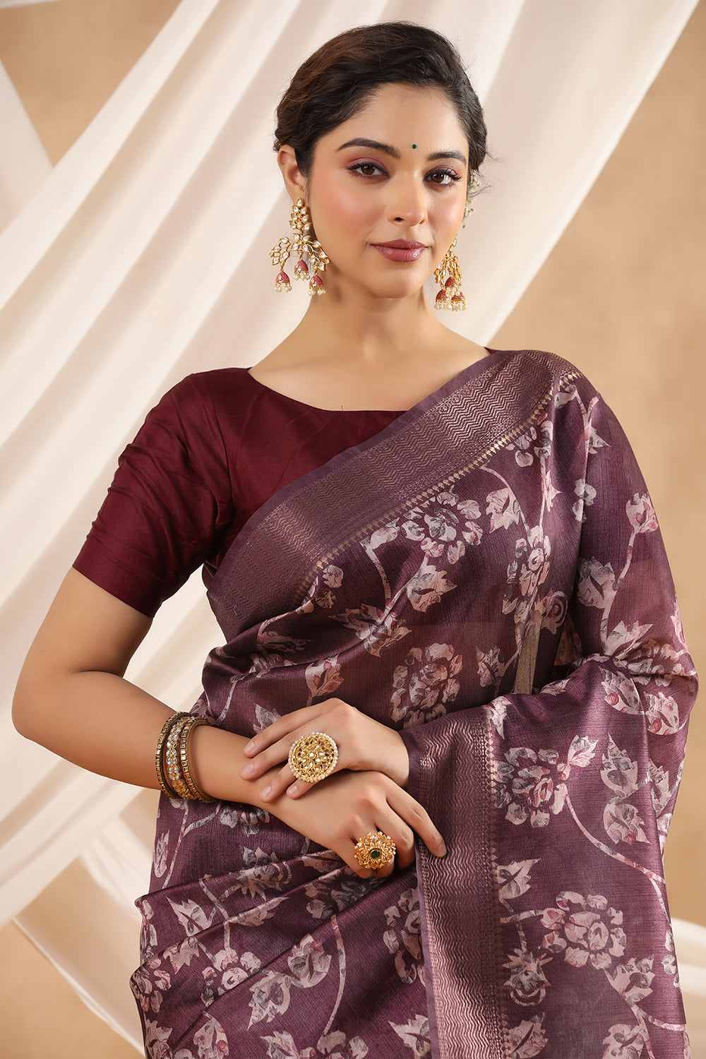 Dark Scarlet Colour Cotton Floral Printed Saree