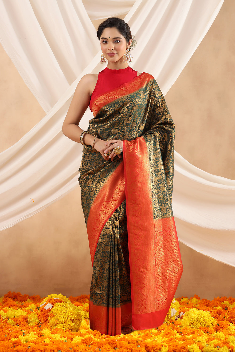 Bottle Green Color Zari Woven Silk Saree