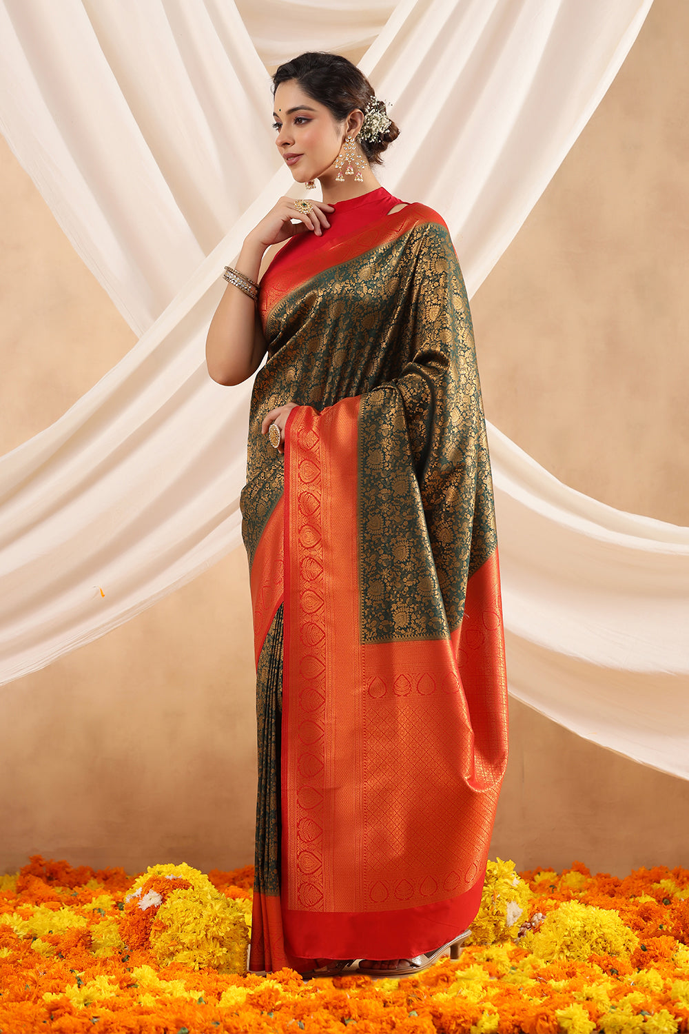 Bottle Green Color Zari Woven Silk Saree