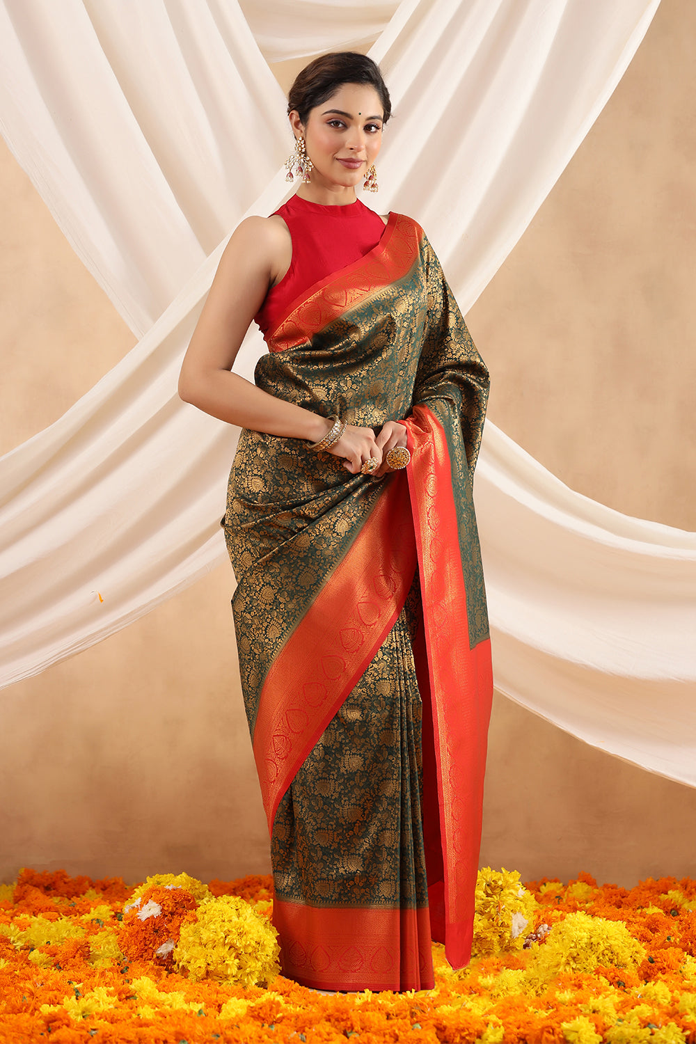 Bottle Green Color Zari Woven Silk Saree