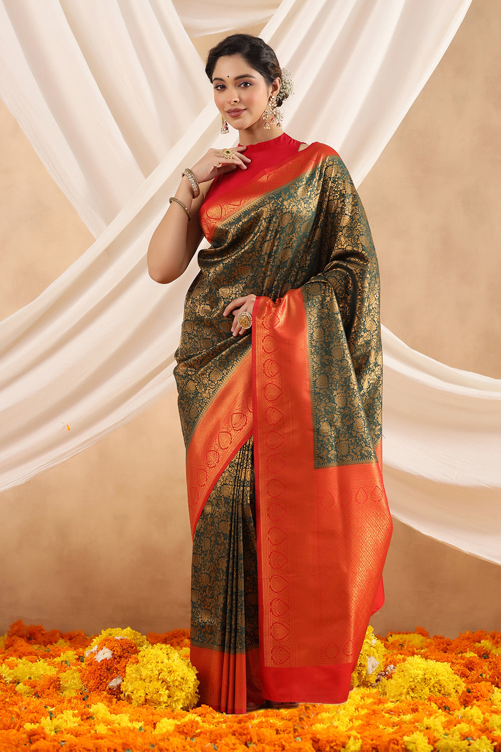 Bottle Green Color Zari Woven Silk Saree