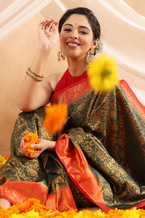 Bottle Green Color Zari Woven Silk Saree