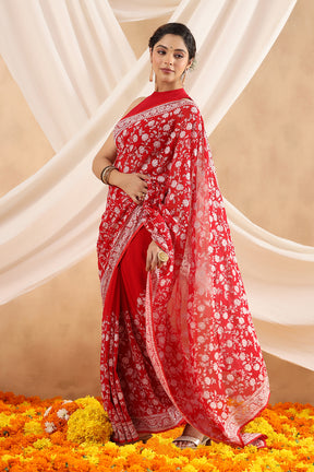 Red Color Embroidered Georgette Saree