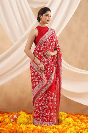 Red Color Embroidered Georgette Saree