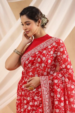 Red Color Embroidered Georgette Saree