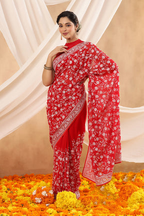 Red Color Embroidered Georgette Saree