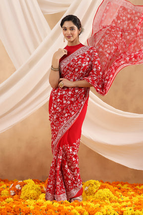 Red Color Embroidered Georgette Saree