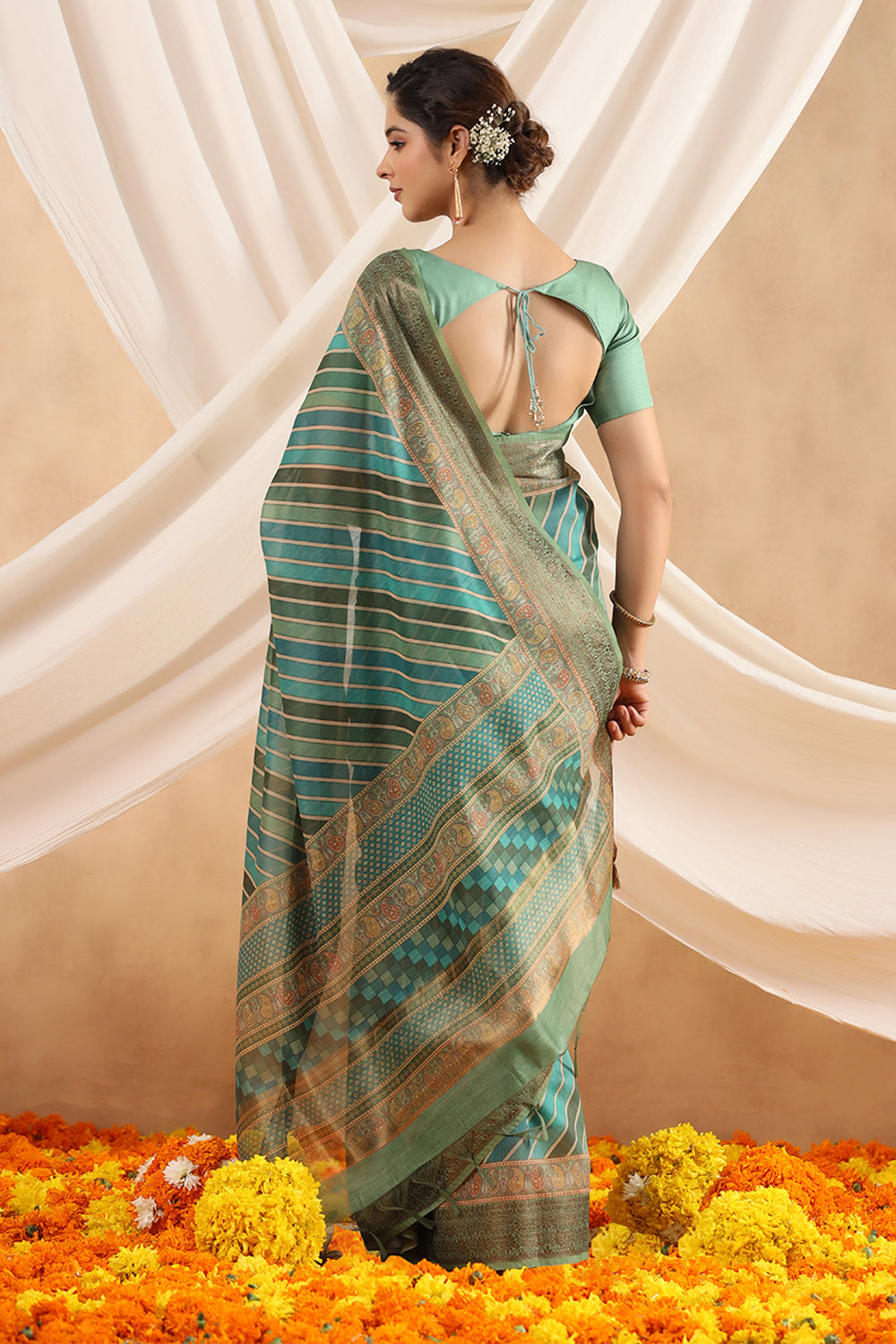 Green Color Printed Cotton Saree.