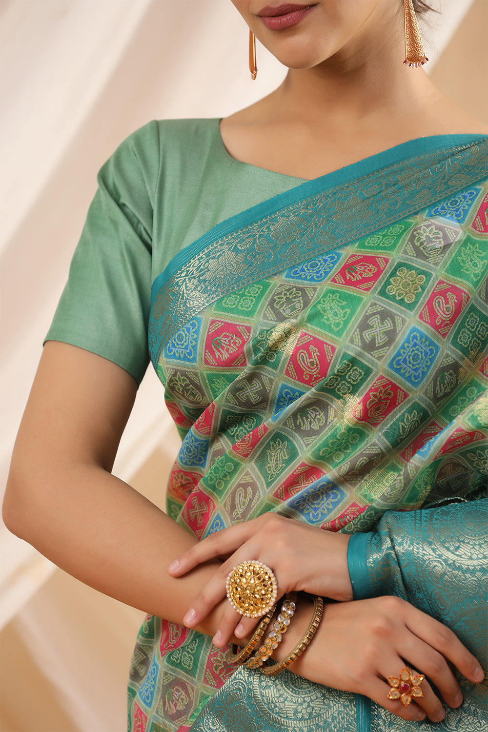 Teal Green Color Silk Printed Saree