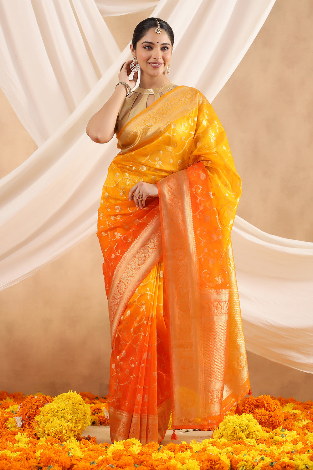 Orange Color Organza Woven Saree