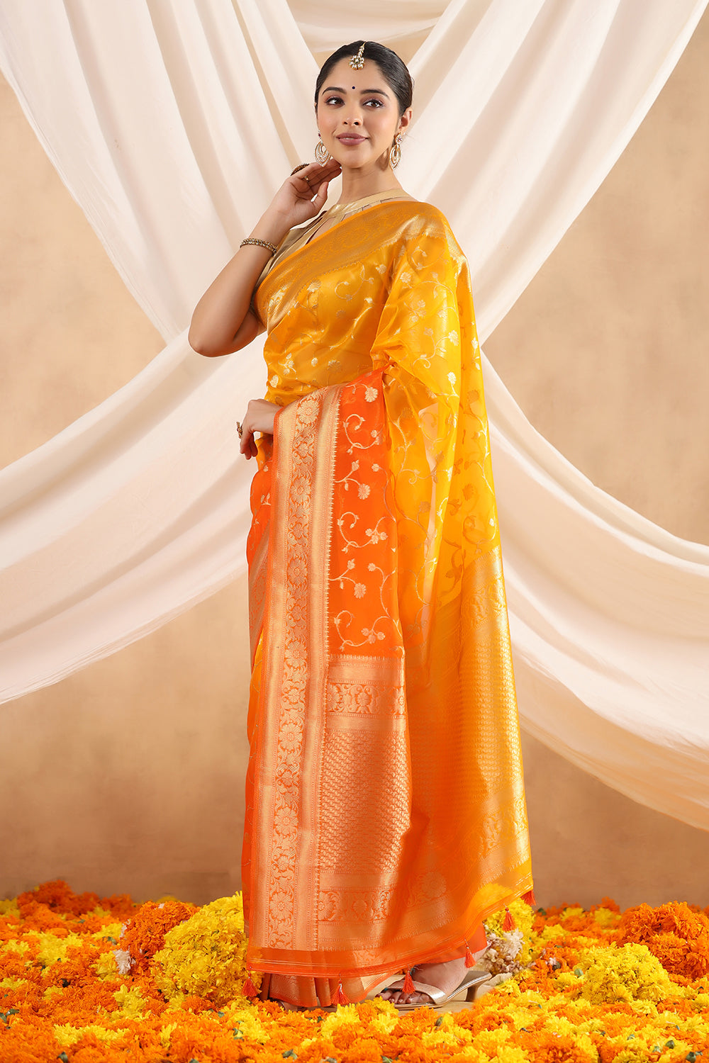 Orange Color Organza Woven Saree