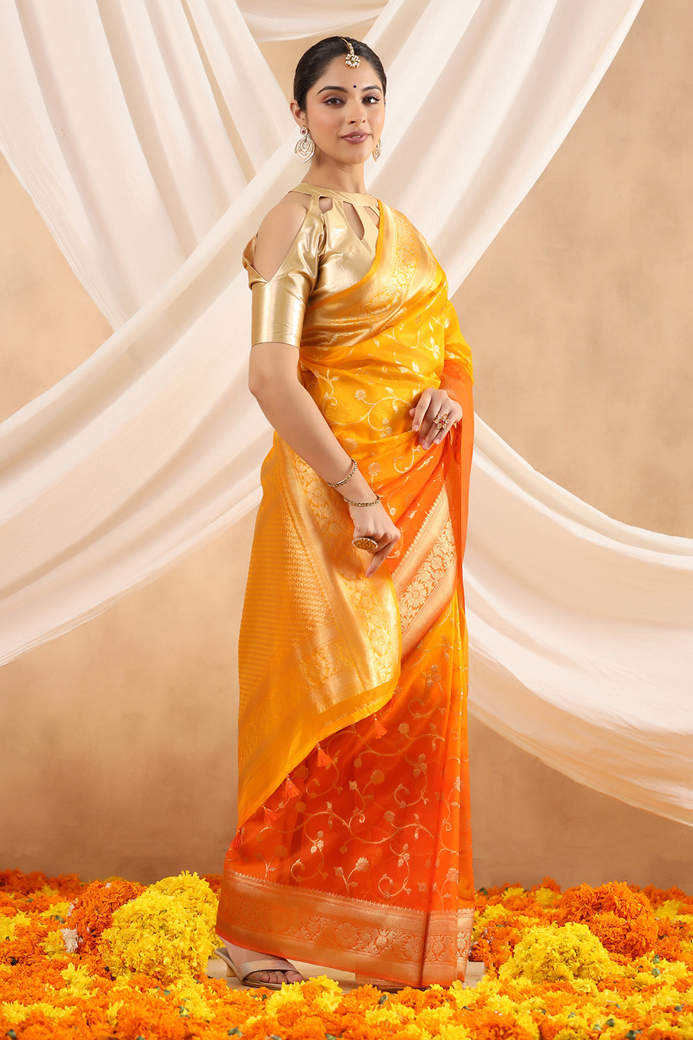 Orange Color Organza Woven Saree