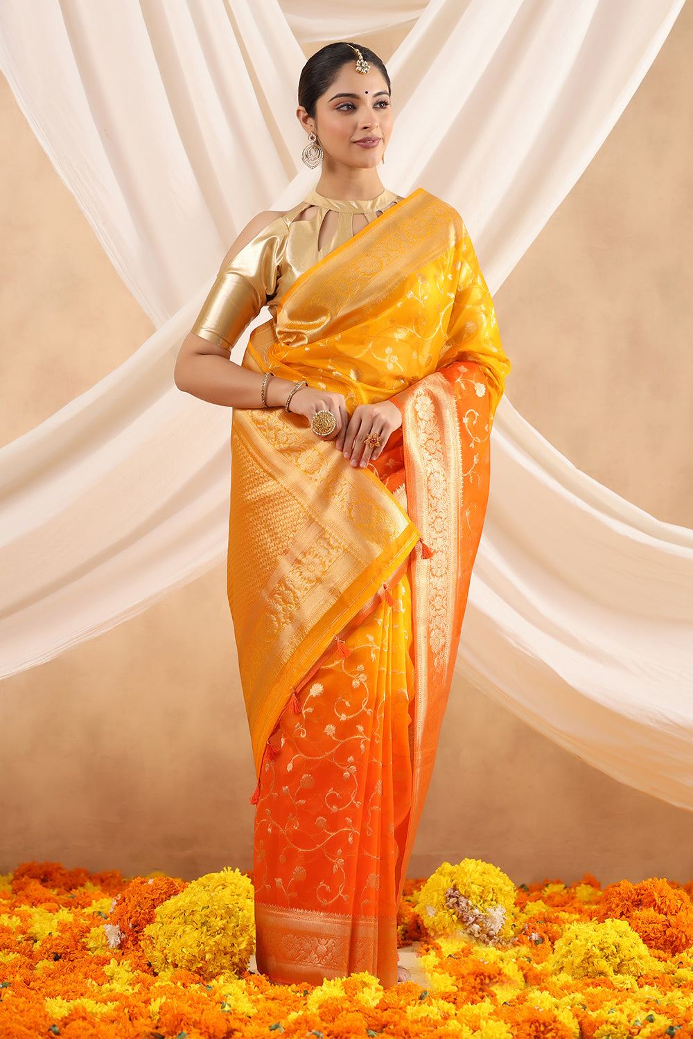 Orange Color Organza Woven Saree