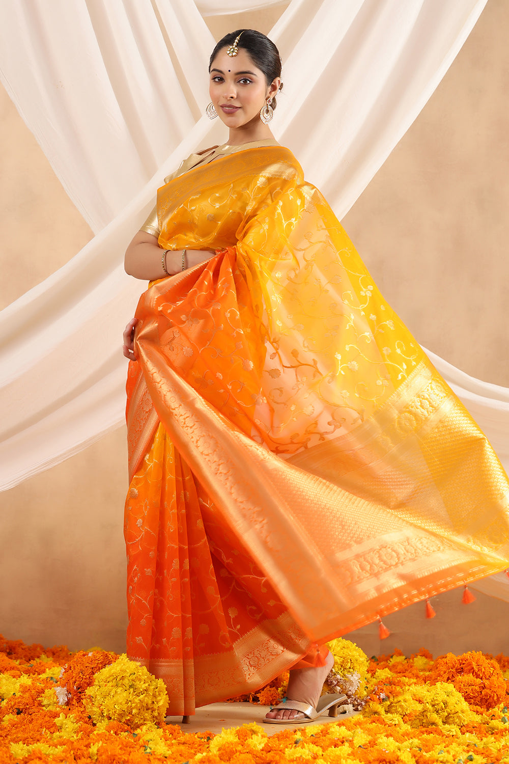 Orange Color Organza Woven Saree