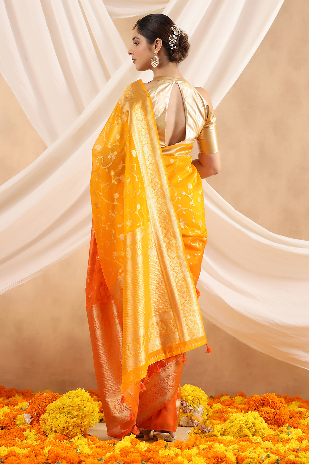 Orange Color Organza Woven Saree